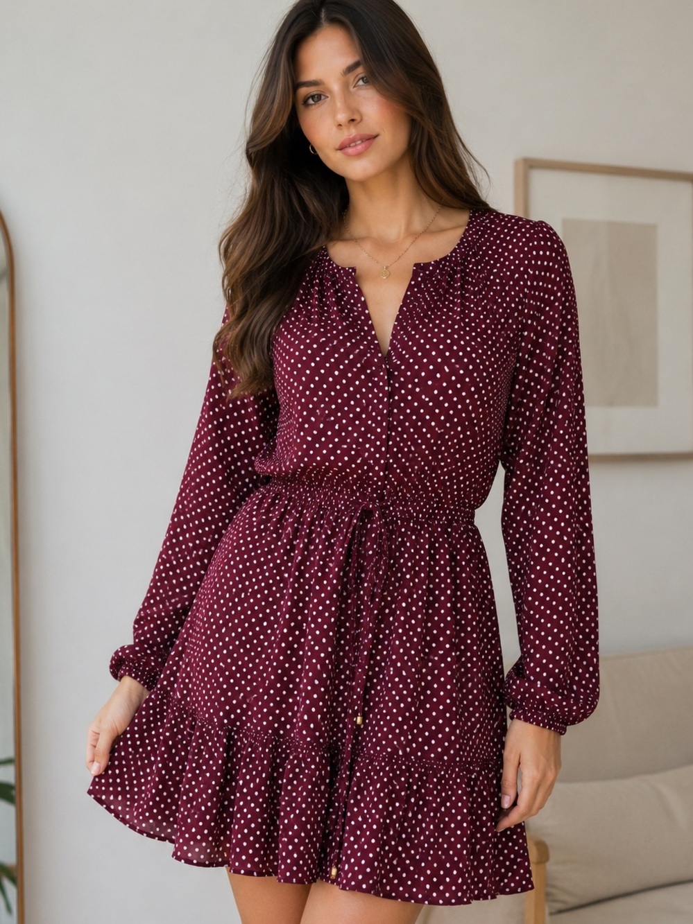 Michael Kors Burgundy Polka Dots Long Sleeve Dress Size Small